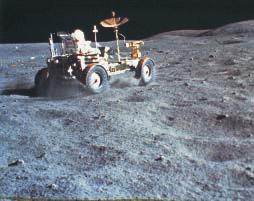Figure 13 The Lunar Rover vehicle was first used during the Apollo 15 mission. Riding in the moon buggy, Apollo 15, 16, and 17 astronauts explored large areas of the lunar surface.