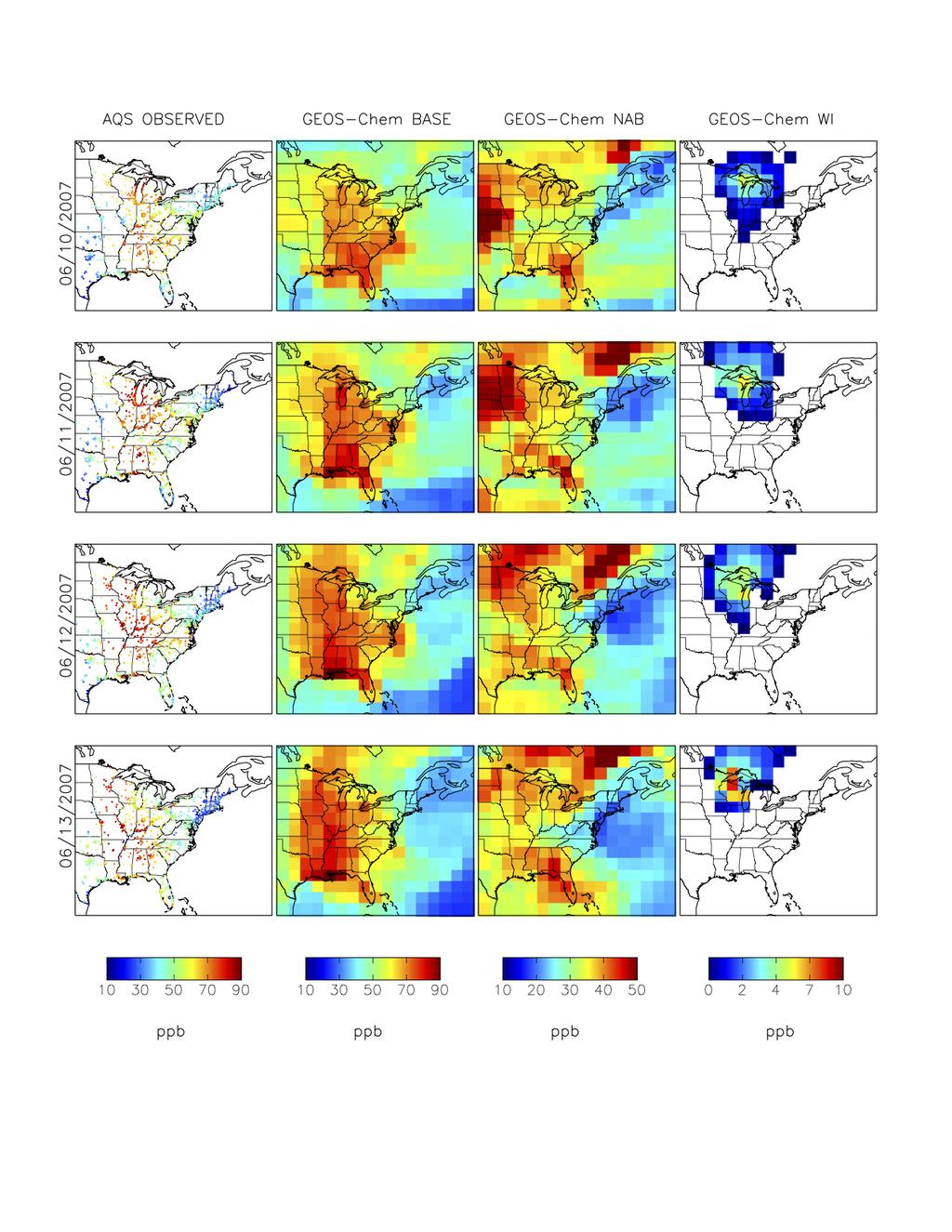 Figure 28: Source attribution for ozone during WI 2007 event. This plot extends from pages 15-17. WI contribution was calculated by: GEOS-Chem Base No WI contribution = WI contribution.