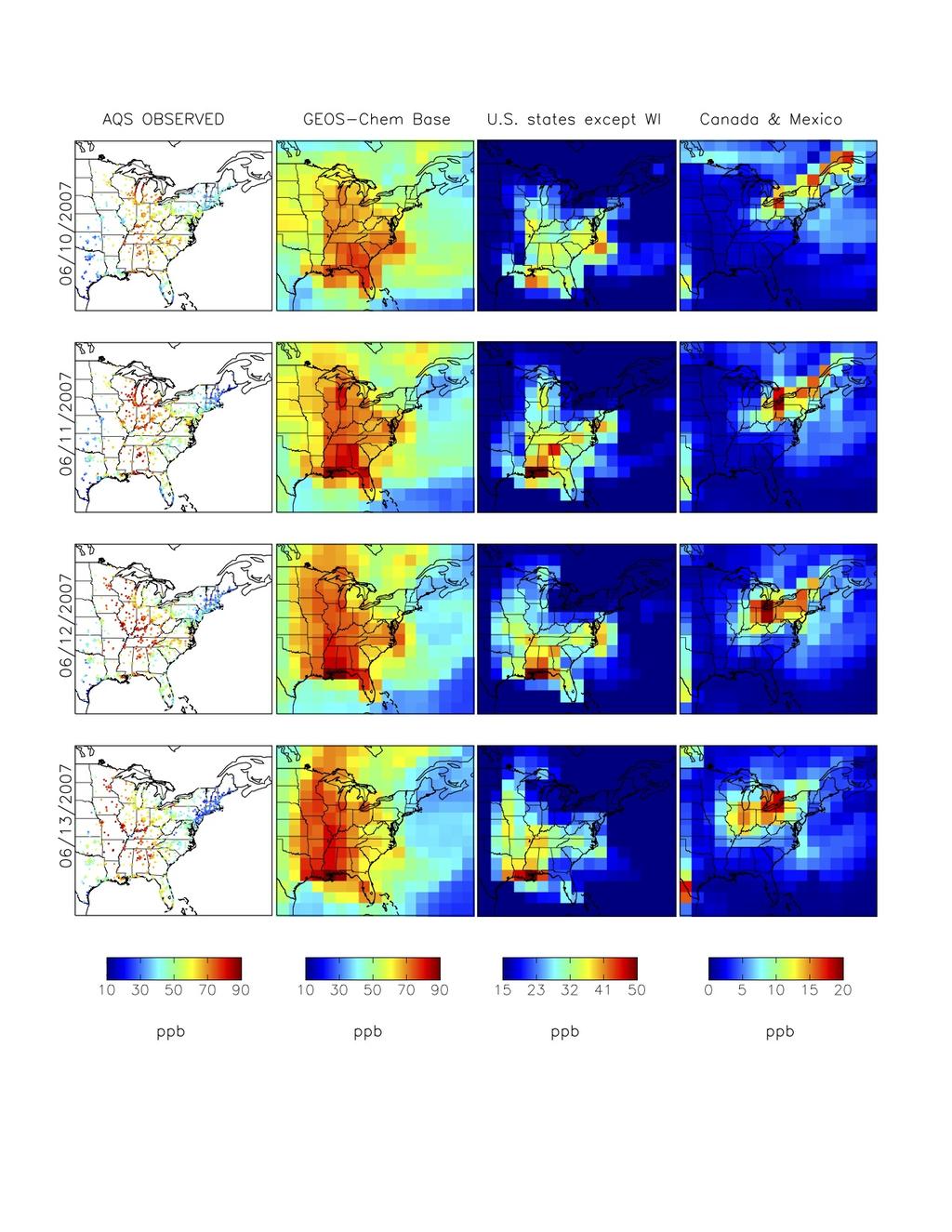 Figure 30: Source attribution for WI 2007 high-ozone event using GEOS-Chem simulations. This plot continues from page 19 to page 21. The anthropogenic contribution from all U.S. states except WI (third column from left) was calculated by subtracting US background from the No-WI contribution.