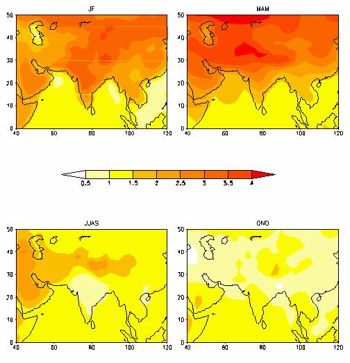 MME change in seasonal temperature projected by 10 models