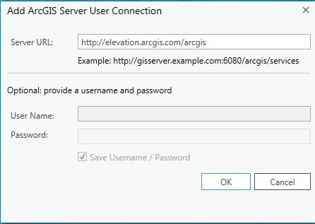 Click OK. You should see arcgis on elevation.arcgis.com displayed in your Project tab under Servers.