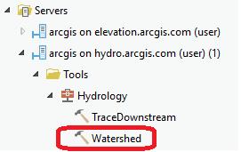 Click OK. You should see arcgis on hydro.arcgis.com displayed in your Project tab under Servers. Expand Tools and Hydrology to locate the Watershed tool.