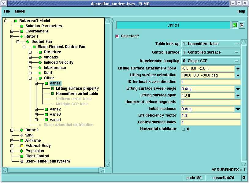 35 Figure 3.1. Screenshot of FLME with Data Tree Structure. 3.2 Developing the FLIGHTLAB Model Modifications to a built-in ducted fan model were implemented in order to create the tandem ducted fan system.