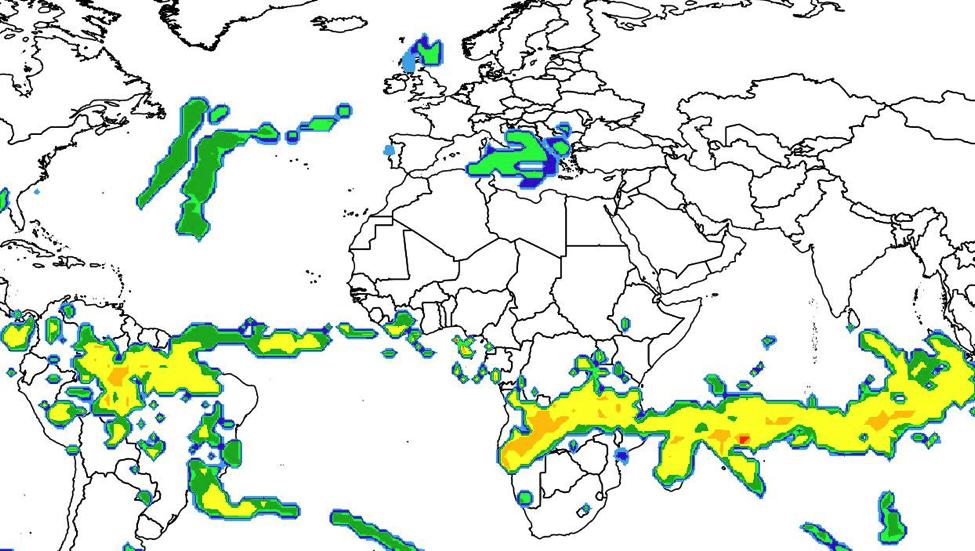 Convective Overlay: The Convective Layer will show forecasted areas of convection (thunderstorms) across the globe and is based off forecasted model data out to 36 hours.