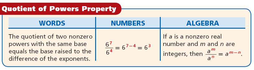 7-: Division Properties of Exponents Objective: Use division properties of exponents to evaluate and simplify expressions.