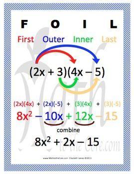MULTIPLYING BINOMIALS-FOIL When multiplying two binomials, distribute both terms in the first binomial to both terms in the second binomial. We commonly call this the FOIL method.