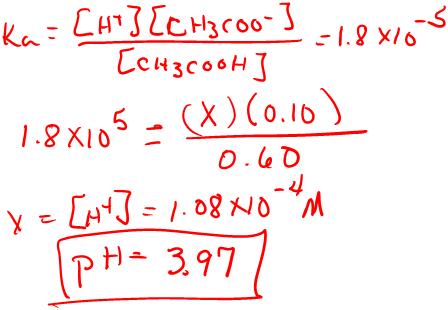 8. a. (6 points) Calculate the ph of a solution that is 0.60 M CH 3 COOH and 0.10 M CH 3 COONa. pk a = 4.74. Show ALL REACTIONS and all WORK. page 2 9. b.