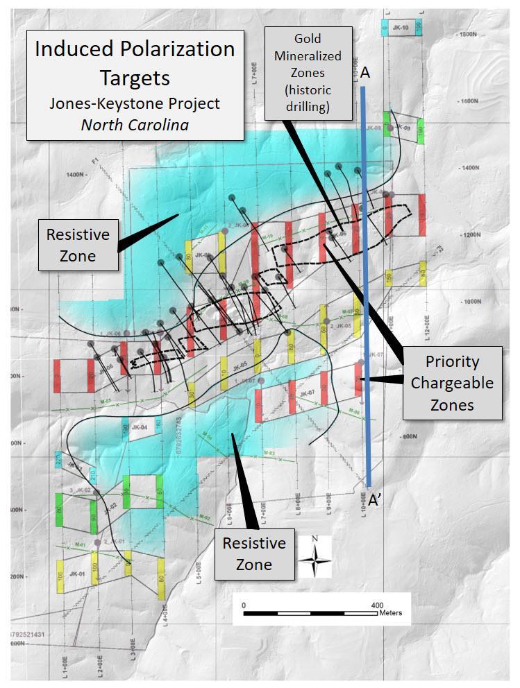 Figure 3: Plan map of Jones Keystone Property showing results of Abitibi Geophysics