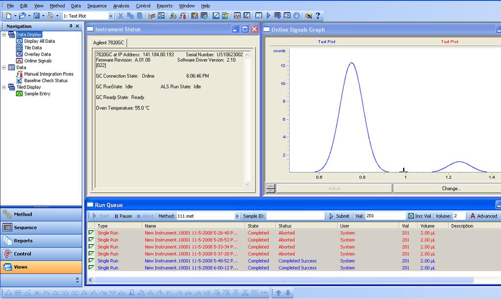EZChrom Elite Compact Software View Instrument Status, current data and Run Queue on a single