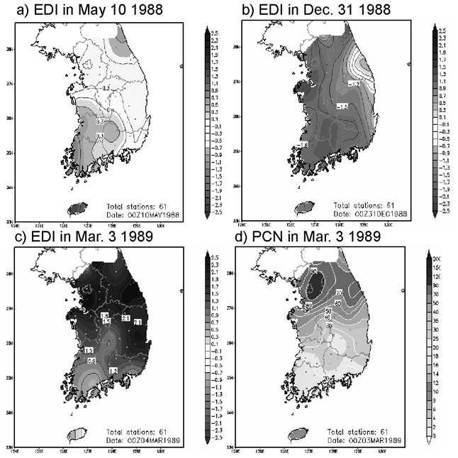 Fig. 2. The Spatial distribution map of EDI on (a) May 10 1988, (b) Dec. 31 1988, (c) Mar. 4 1989 relatively, and PCN on (d) Mar. 3 1989. References Ajayi, A.E. and Olufayo, A.A. (2007).