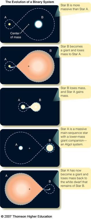 As the more massive star swells to become a red giant, a lot of mass can be transferred to the formerly