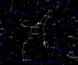 The star Algol (β Persei, marked with pink arrow) is an eclipsing binary in which the original less massive