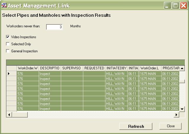 Figure 10 Selecting inspection jobs will select the nodes and manholes in MIKE URBAN and vice versa If you double click on an inspection job with an attached report, the corresponding report will be