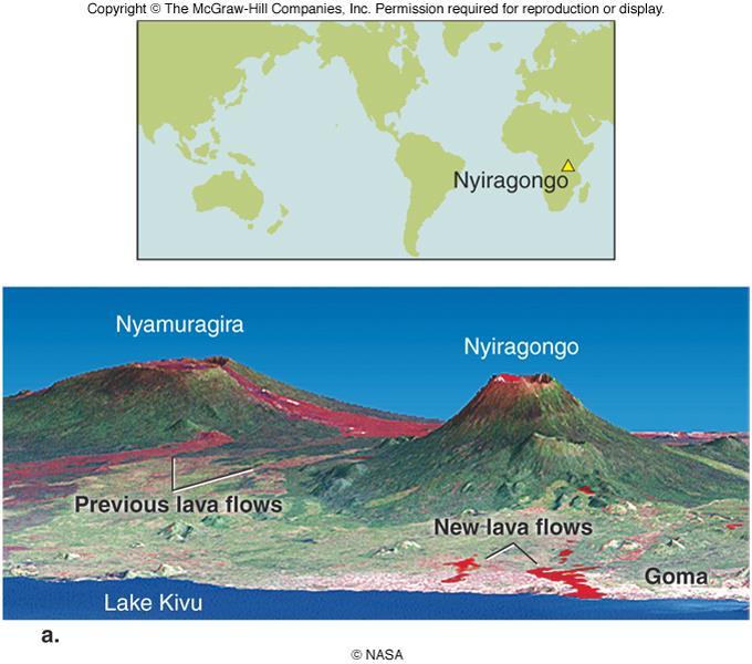 Nyiragongo: Volcano at a divergent plate boundary 2002 eruption of Nyiragongo volcano (2002) Lava flowed through the nearby city of Goma (450,000 residents) Fortunately,