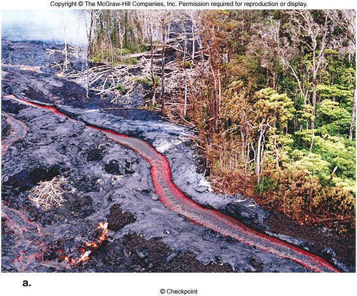 Products of Volcanic Eruptions on Land Low viscosity lava can flow up to 50 km from its source Lava transported