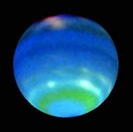 Neptune is eighth from the sun. Neptune appears blue through telescopes and is a gas giant.