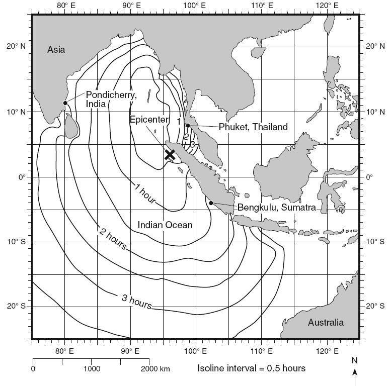 Base your answers to questions 14 through 17 on the map and the cross sections below. The map shows a portion of the Indian Ocean and surrounding landmasses.