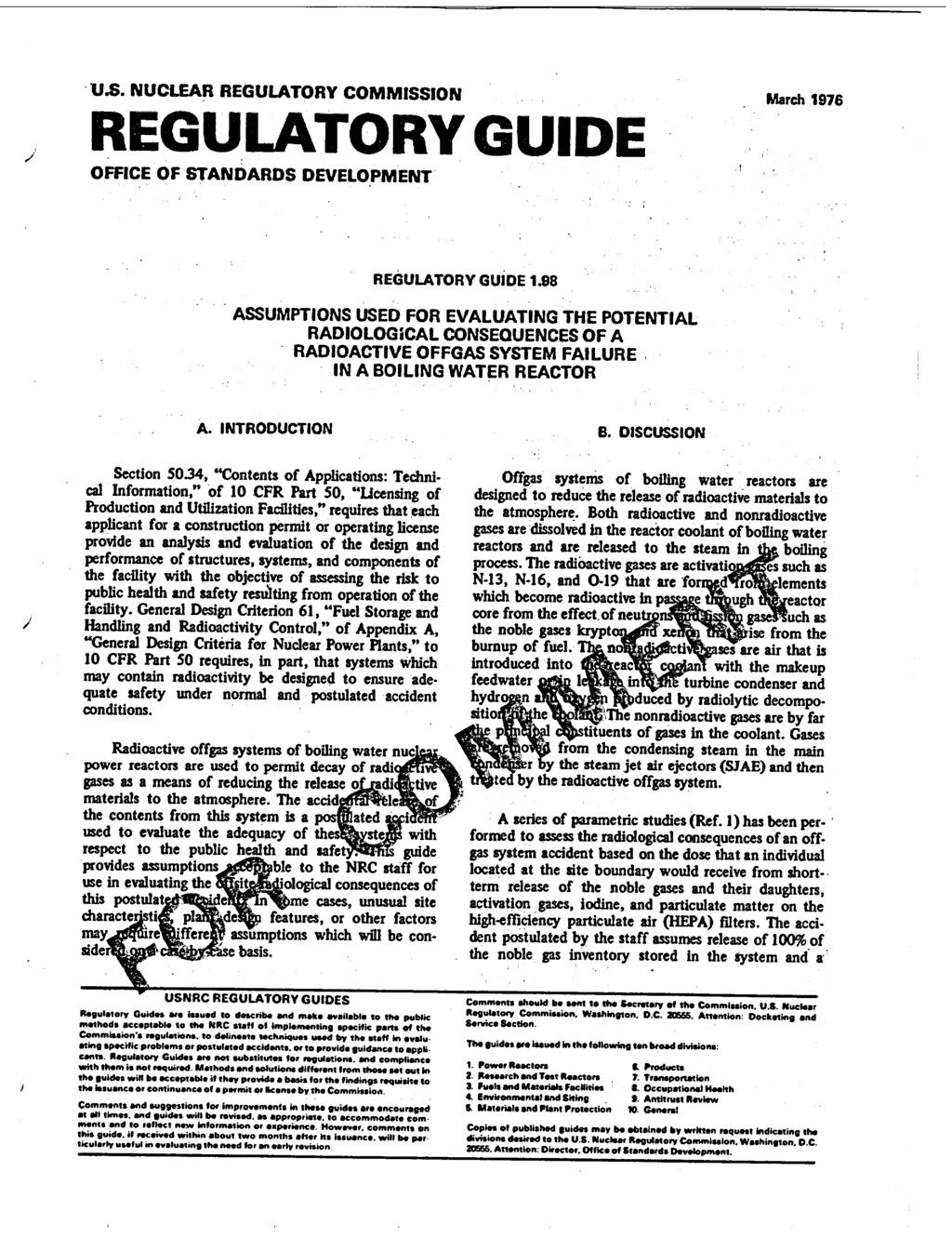 U.S. NUCLEAR REGULATORY COMMISSION REGULATORY GUIDE OFFICE OF STANDARDS DEVELOPMENT March 1976 REGULATORY GUIDE 1.