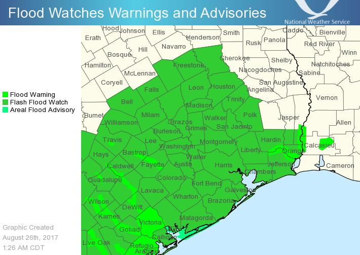 Watches and Warnings (continued) Flash Flood Watch is in effect for all of our forecast area Flash flood threat in effect until