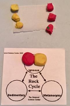 Have them place half of each color clay on the section of the worksheet marked igneous where it will remain throughout the lesson. The remaining two pieces are placed on the wax paper. 05.