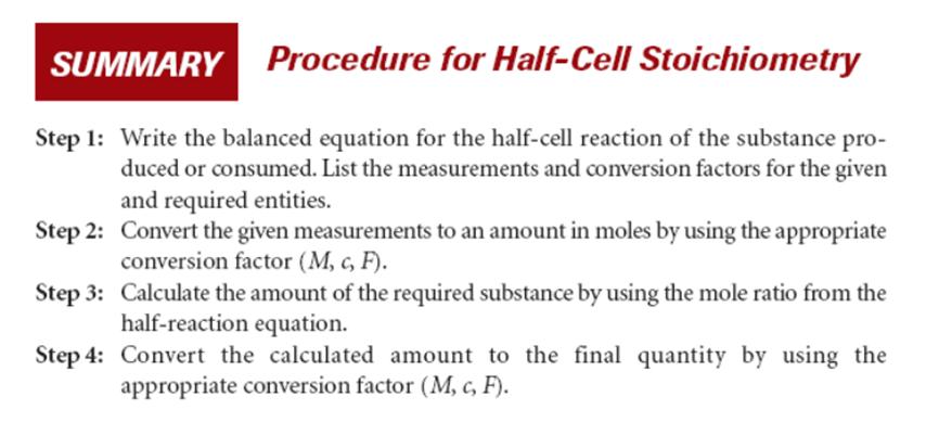 . Half Cell Calculations the mass of an element produced at an electrode depends on the amount of transferred electrons a half reaction equation showing the number of electrons involved is necessary