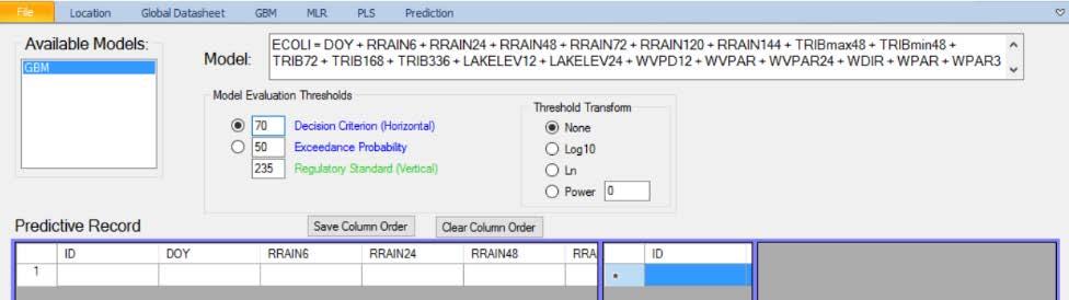 Up to 3 different models can be accommodated in a single Prediction tab: GBM model, PLS model, and traditional MLR model. C... Click on the Prediction tab. 2. Under Available Models click GBM.