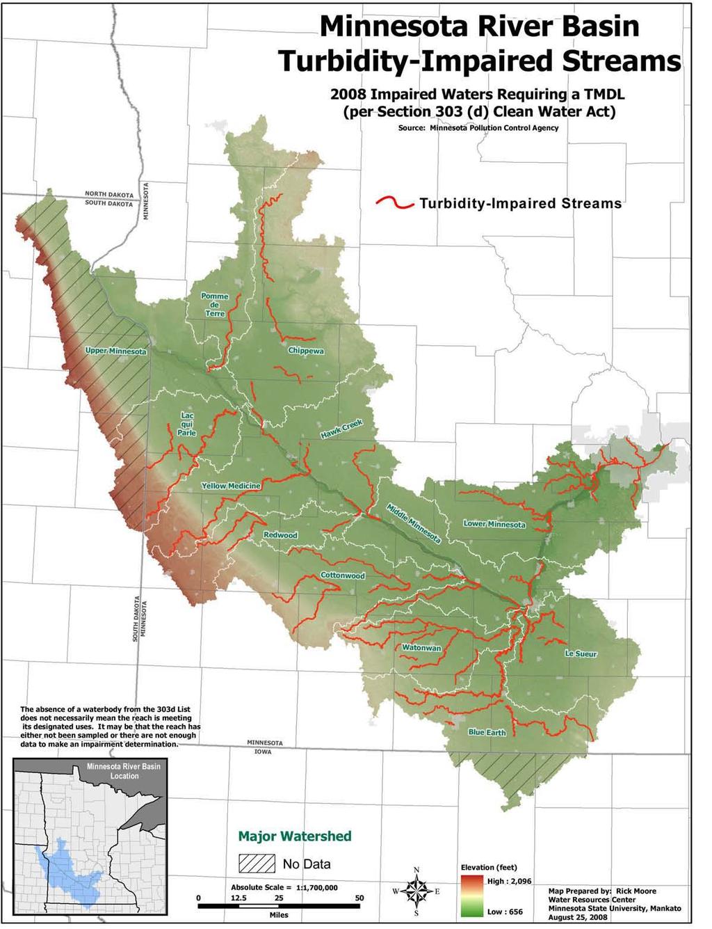 The Minnesota River Basin Turbidity-Impaired Streams map above shows assessed water bodies that do