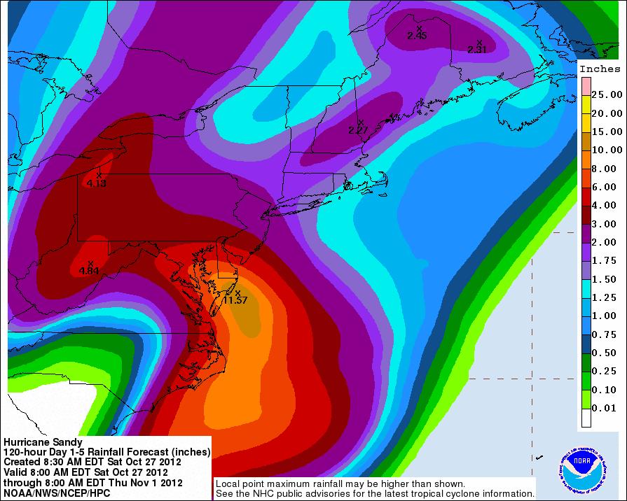 Inland flooding threat Map on the left is forecast total rainfall over next 5 days.