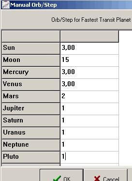 Here you can define the orb for each planet. For example, for all aspects involving the Moon the orb might be 15 degrees (Moon conj Sun, Moon trine Mars, etc.- all aspects).