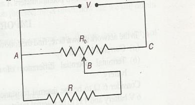 6. A resistance of R Ω draws current from a potentiometer. The potentiometer has a total resistance R 0 Ω. A voltage V supplied to the potentiometer.