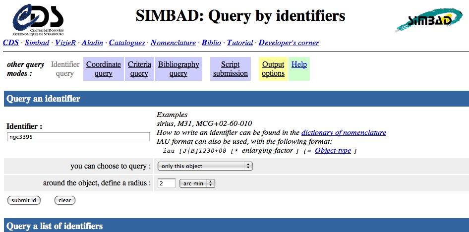 Figure 2: SIMBAD query. This returns a page with a large amount of data on the object you have just identified. Scroll down the page until you see the section labelled Plots and Images as in Figure 3.