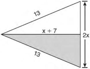 310 The diagram below shows a pennant in the shape of an isosceles triangle. The equal sides each measure 13, the altitude is x + 7, and the base is x.