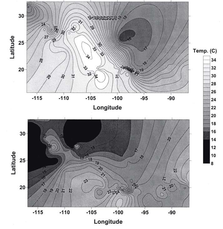 Atmospheric and thermal anomalies before earthquakes 241 Fig. 5. Surface air temperature distribution over México. Top panel: at 1400 LT on January 14, 2003.