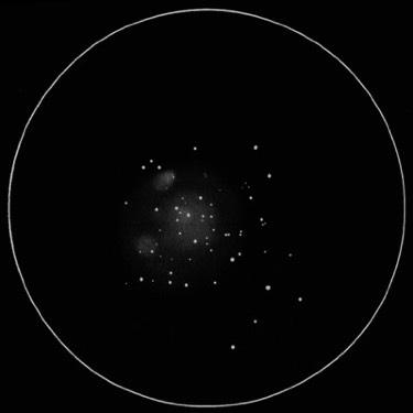 8 star NE from the cluster appeared a topaz yellow. The brightest actual member of M67 was probably mag. 9.8 TYC 814-1515-1. I discerned two small patches of nebulosity within the cluster.