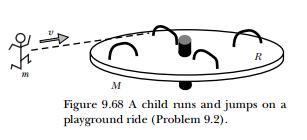 47. A playground ride consists of a solid disk of mass 100 kg and radius 4 m mounted on a low-friction axle (Figure 9.68).