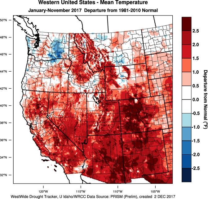 The year to date temperature pattern for the western US continues to show mostly warmer than average conditions (Figure 2).