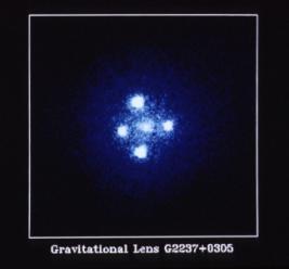 blue arcs are the lensed images of a galaxy which is behind the cluster Left: four images