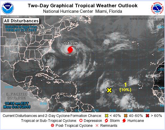 ATLANTIC: Disturbance 1: Disorganized cloudiness and thunderstorms located a little more than 1000 miles east of the Lesser Antilles are associated with a broad low pressure area.