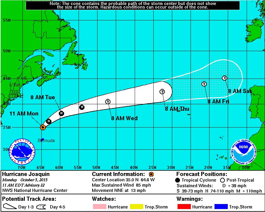 Hurricane JOAQUIN Location: About 185 miles north of Bermuda Description: Maximum sustained winds: 85 mph Movement: North-northeast at 13 mph Watches and Warnings: TROPICAL STORM WARNING in effect