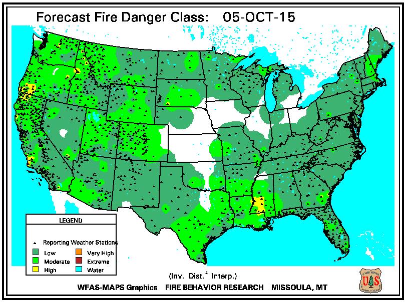 Overall Fire Risk: Areas of High fire danger are limited to isolated areas of California and Nevada.