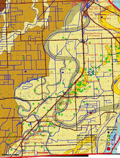 Geology and Seismicity - 49 Bridge study sites (red triangles) in Dunklin County, Missouri with earthquake epicenters and local alluvial geology