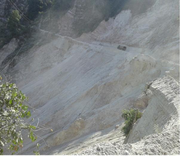 Shows pulverization of rocks Alaknanda river at the toe of the landslide IV.