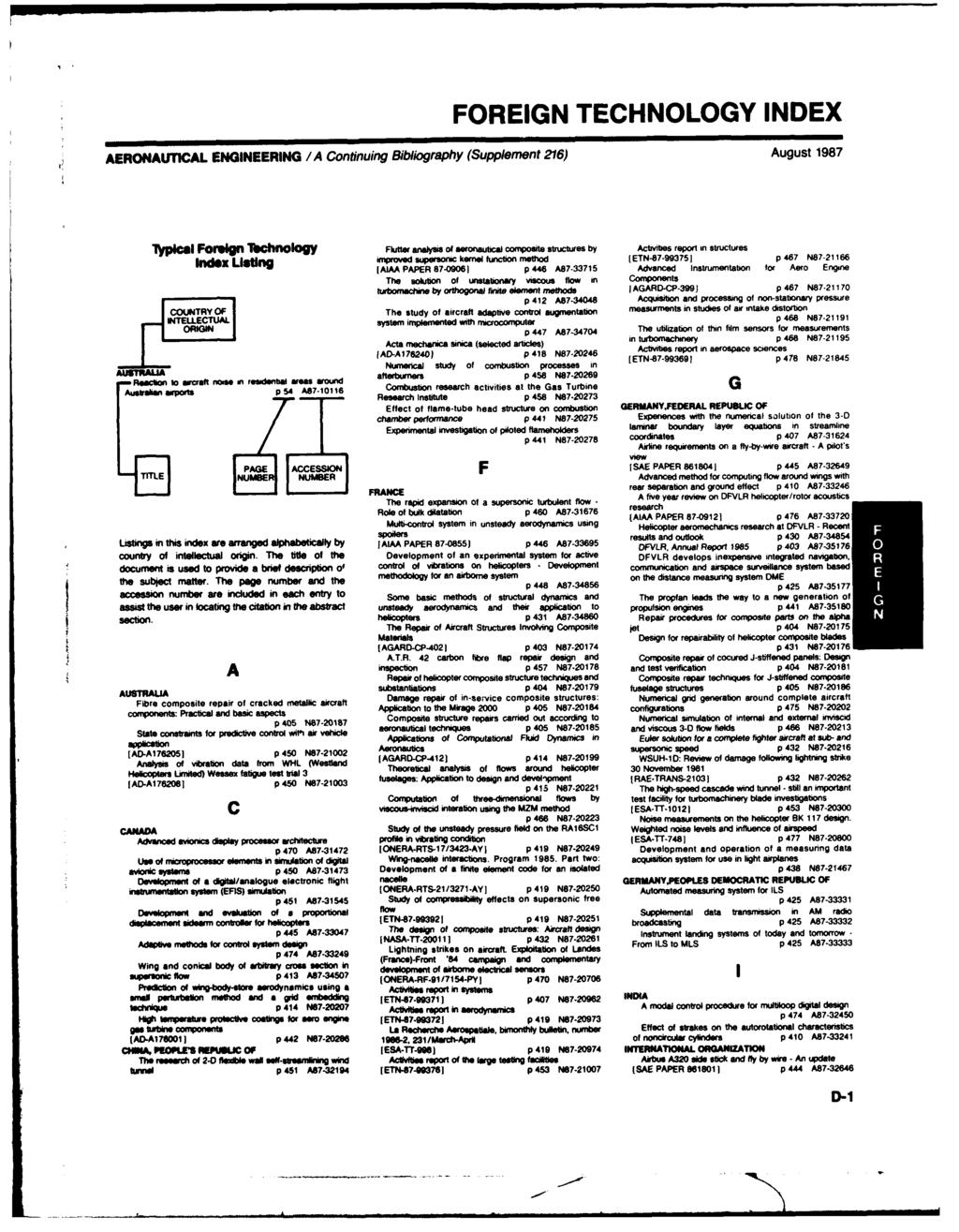 FOREIGN TECHNOLOGY INDEX AERONAUTICAL ENGINEERING /A Continuing Bibliography (Supplement 216) August 1987 1Tjpfca FrIgu lbchnml y Flutter analysis of1 onautical composite stutrsby Activities report