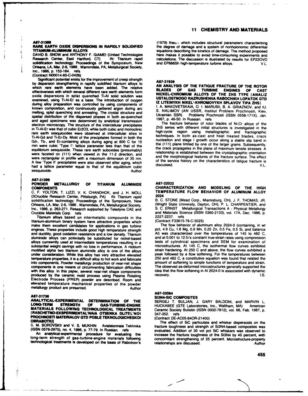 11 CHEMISTRY AND MATERIALS A17-3138 (1979) theou, which includes structural parameters characterizing RARE EARTH OXIDE w isperslons IN RAPIDLY SOLIDIFIED the degree of damage and a system of nonhte