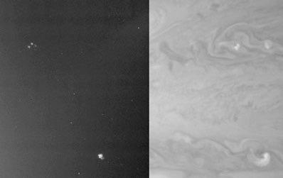 The image on the bottom right was taken by the Cassini spacecraft during a flyby and shows that the lightning is visible at night (left half) in the spots where storms are clearly visible during the