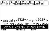 c) The width can be found by letting y = 0. " 20.96 e0.0329x + e 0.0329x % $ 10.06 # 2 ' & = 0 e 0.0329x + e 0.0329x = 10.06 2 e 0.0329x + e 0.0329x = 20.12 Solve this equation using CAS: x = 91.