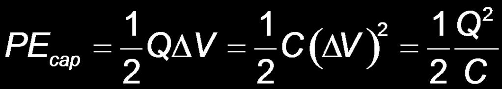Energy in a Capacitor, Final The total energy corresponds to the area under the ΔV Q graph Energy = Area = ½ Q ΔV = PE cap Q is the final charge ΔV is the final