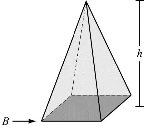 4. The formula for the volume of a pyramid is V = 1 Bh, where B is the area of the base and h is