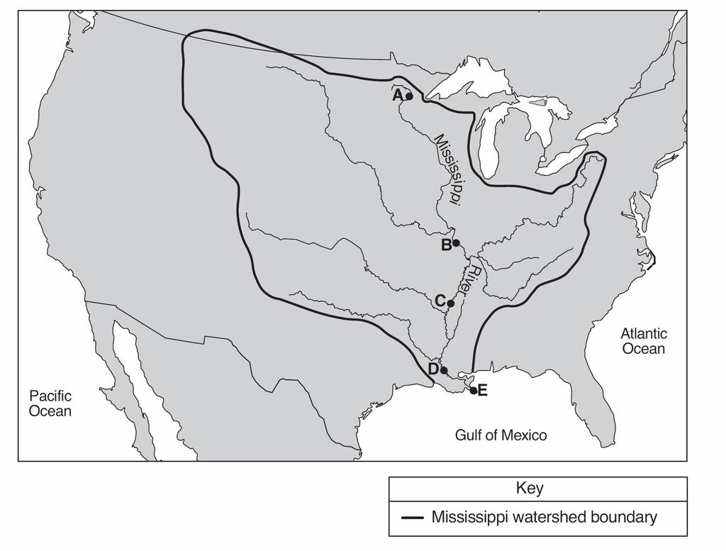32. Base your answer to the following question on the map below, which shows a portion of the continent of North America and outlines the Mississippi