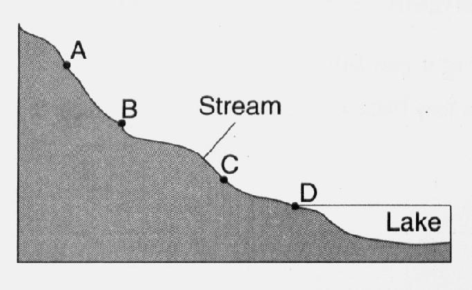 The map below shows a stream flowing into a lake. Locations A, B, and C are at the water's edge, and location D is on the lake bottom.